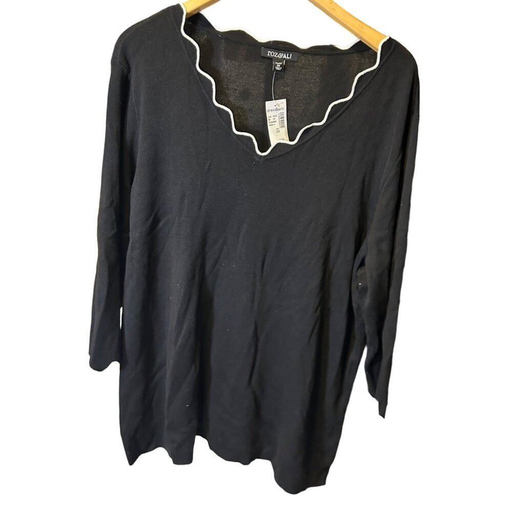 Roz and Ali NWT Black Scalloped Neck 3/4 Sleeve Tunic Sweater 3X
